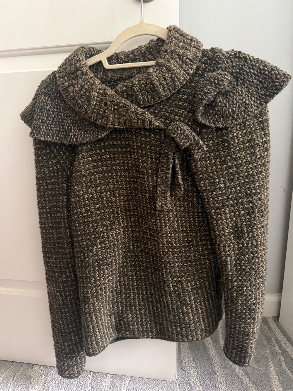 Oscar de la Renta Olive Tweed Knit Cowl Sweater with Tie